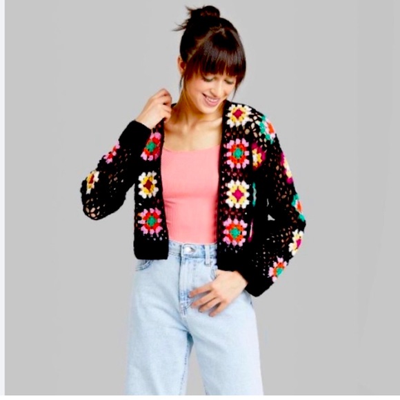 Wild Fable Crochet Granny Square Cardigan Sweater Multi Color Sz Xs - Picture 2 of 9